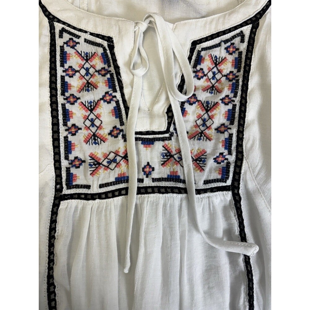 Forever 21 Women's M Boho Aztec Print Embroidered Top White Pancho Blouse - Picture 7 of 8